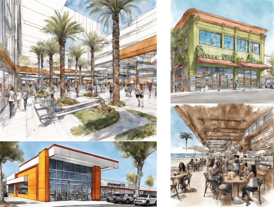 art drawing of various businesses