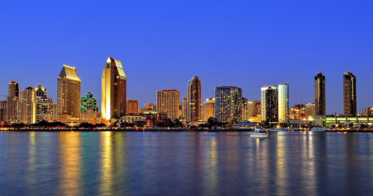 Nighttime skyline of Downtown San Diego waterfront