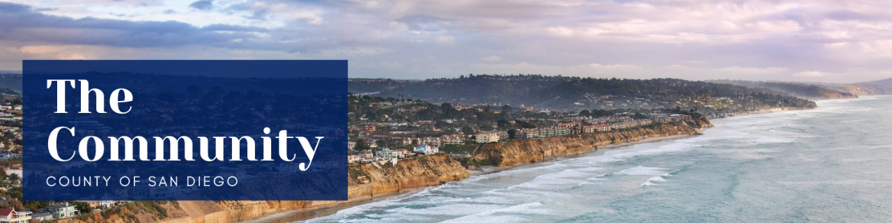 landscape beachfront with the text "The Communioty, County of San Diego"