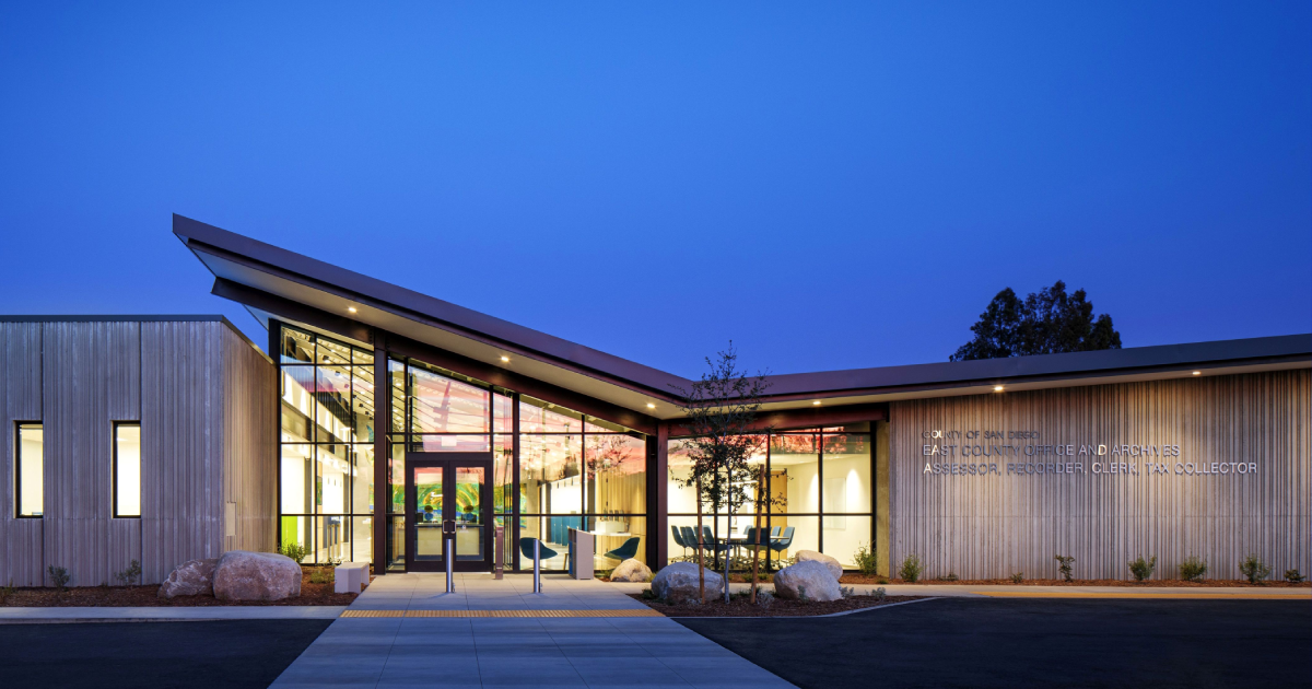 East County Office and Archives building at dusk. Photo by Chipper Hatter.