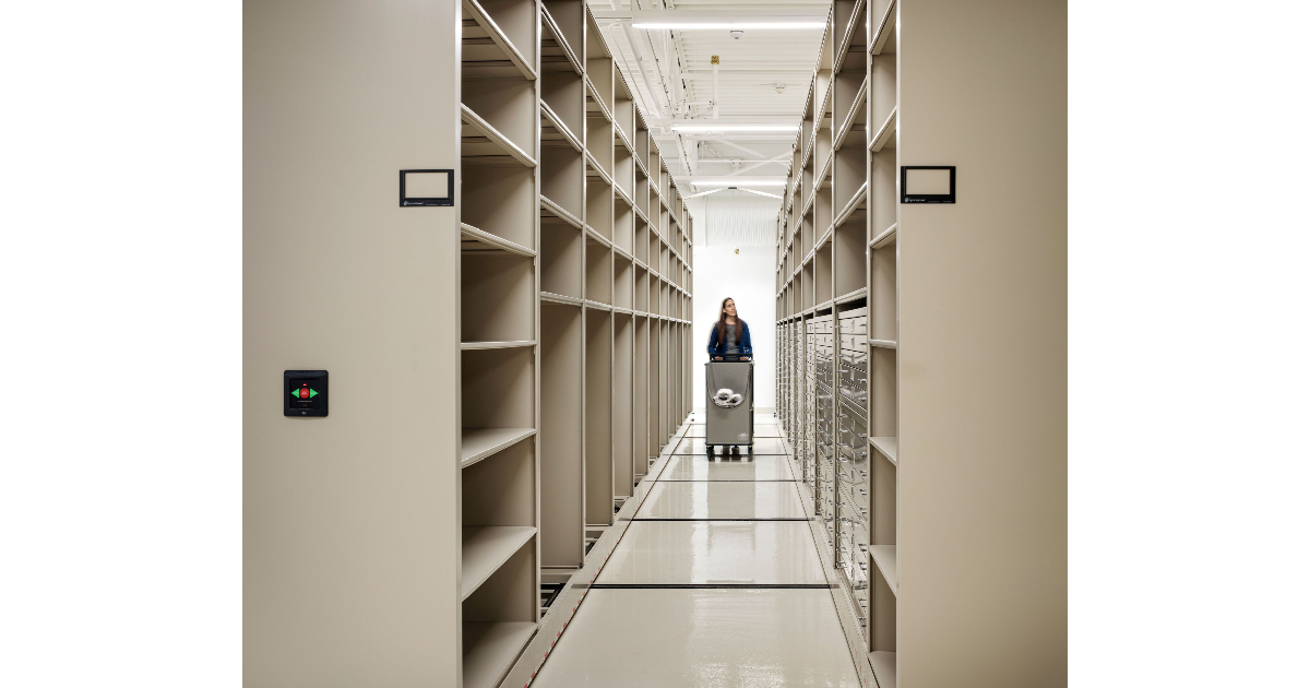 Aisle in the County Archives stacks. Photo by Chipper Hatter.