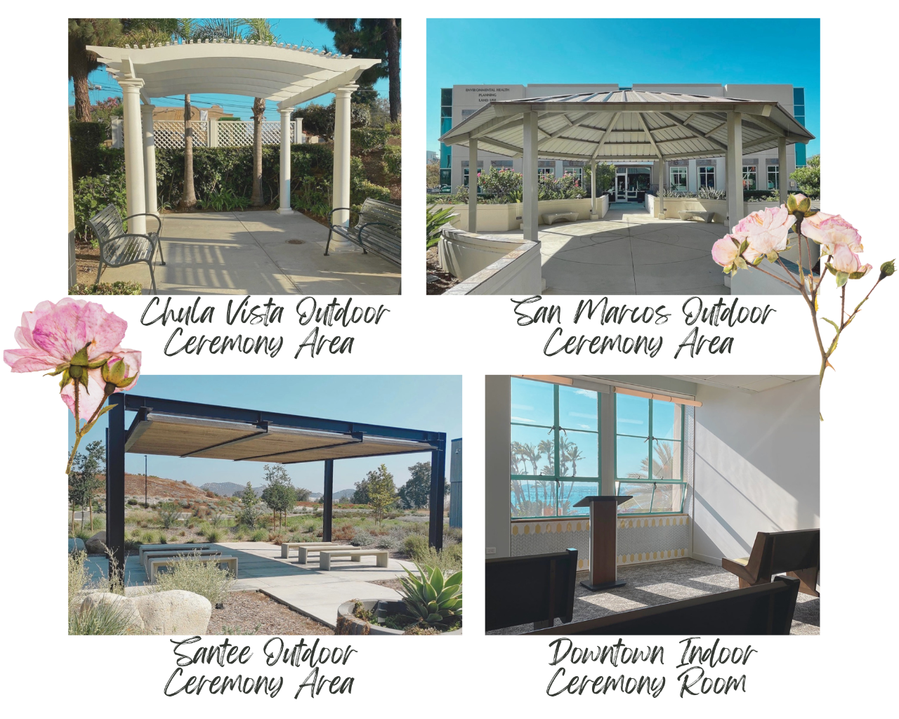 Image of different indoor/outdoor ceremony areas at various offices