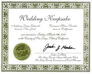 Certificate with gold decorative border, gold seal, "Wedding Keepsake" at the top, with names, locations, date, and signature of the County Clerk/Commissioner of Civil Marriages